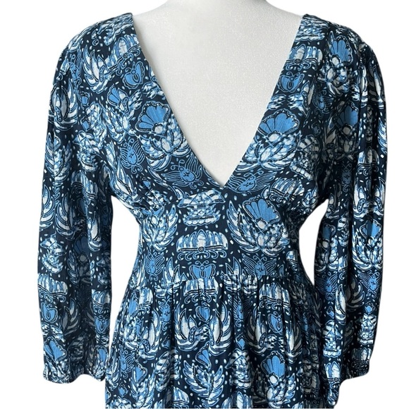 CAROLINE CONSTAS Blue Printed Size Medium Cotton Boho Midi Low V Neck Dress - Picture 7 of 12